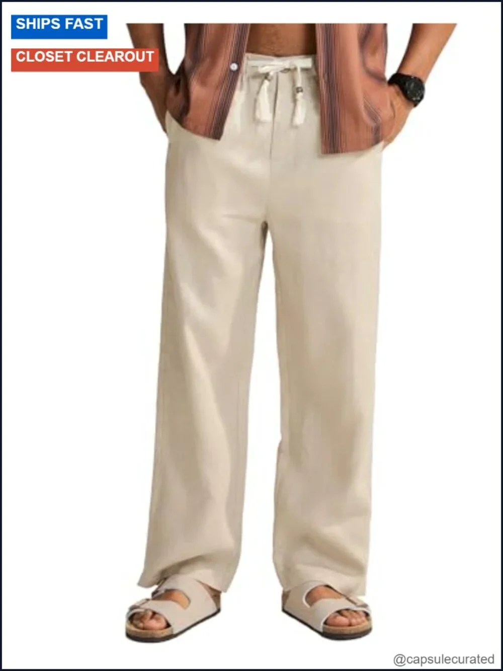 100% Linen Casual Pants with Drawstring Elastic Waist